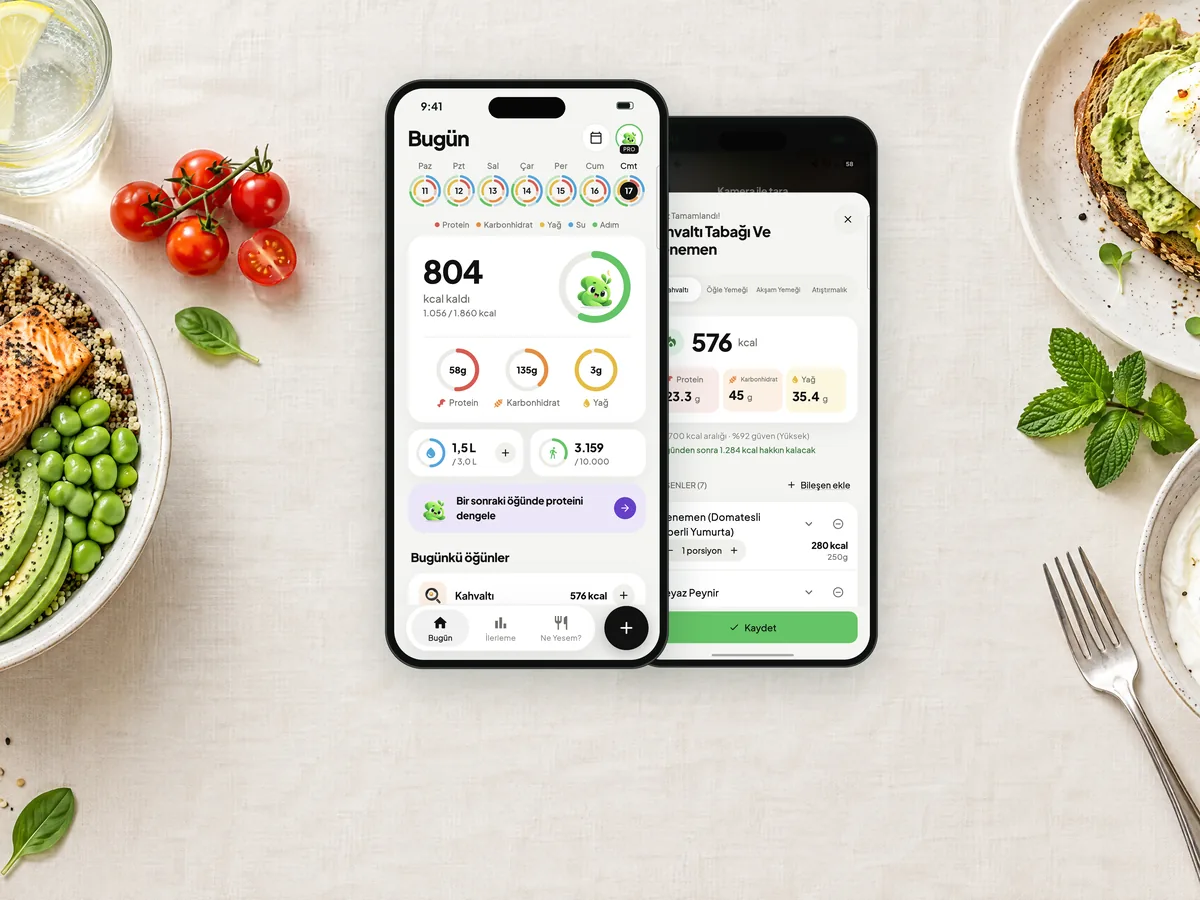Sporty uygulaması iki iPhone'da: günlük kalori ve öğün analizi, etrafında sağlıklı yemekler